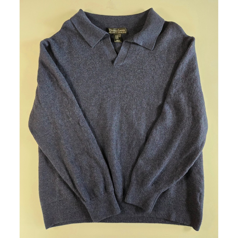 Christian Lacroix Mens XXL Extrafine Merino Wool Polo Sweater Navy Blue Knit